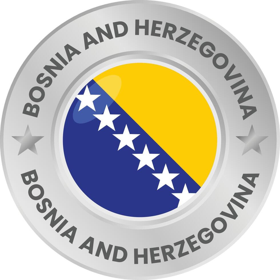 Bosnia and Herzegovina flag in silver colored medal. National flag in metal circle emblem. vector