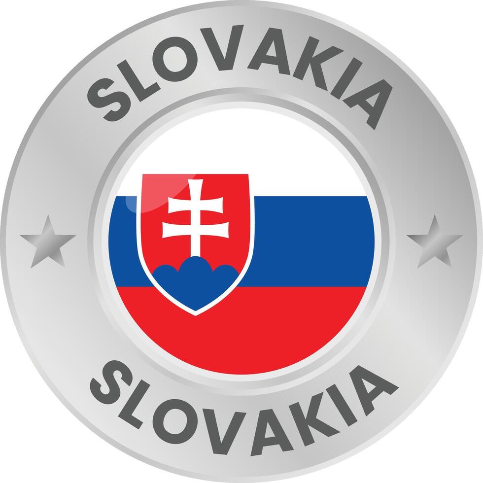 Slovakia flag flag in silver colored medal. National flag in metal circle emblem. vector