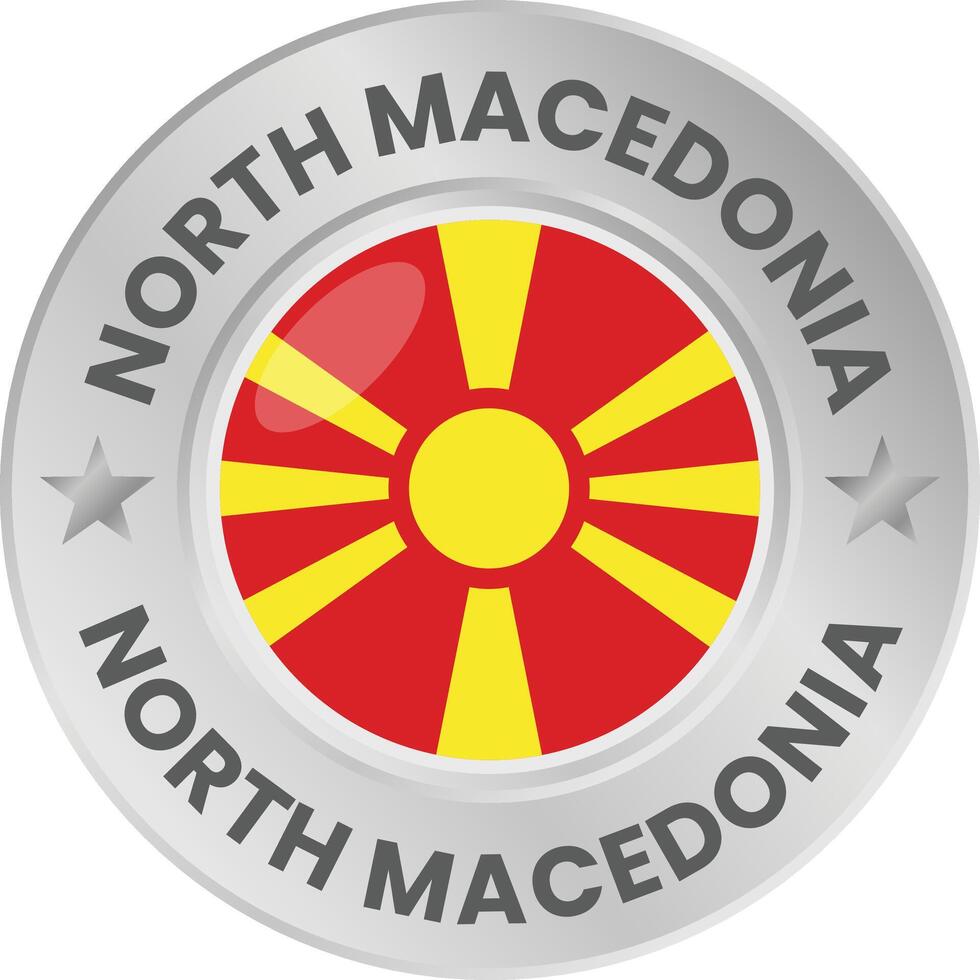 North Macedonia flag in silver colored medal. National flag in metal circle emblem. vector
