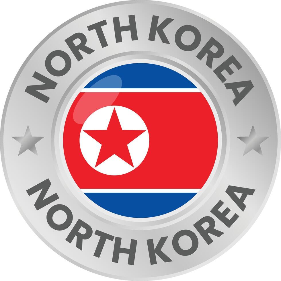 North Korea flag in silver colored medal. National flag in metal circle emblem. vector