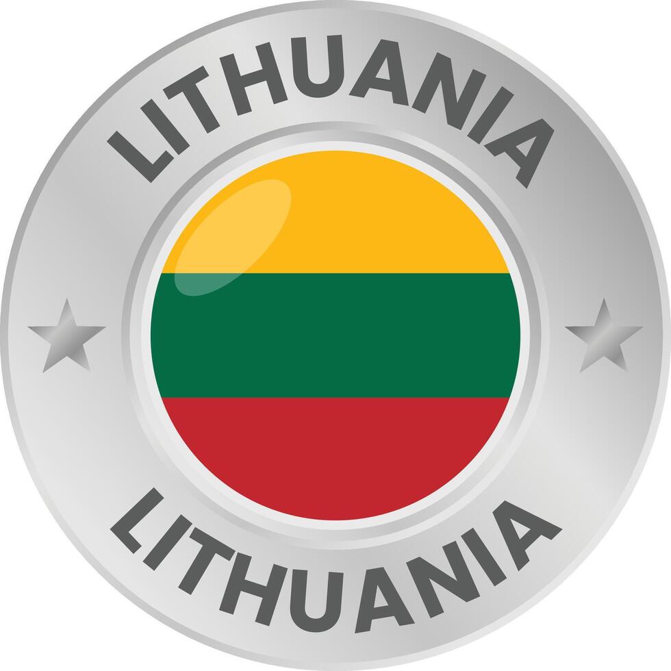 Lithuania flag in silver colored medal. National flag in metal circle emblem. vector