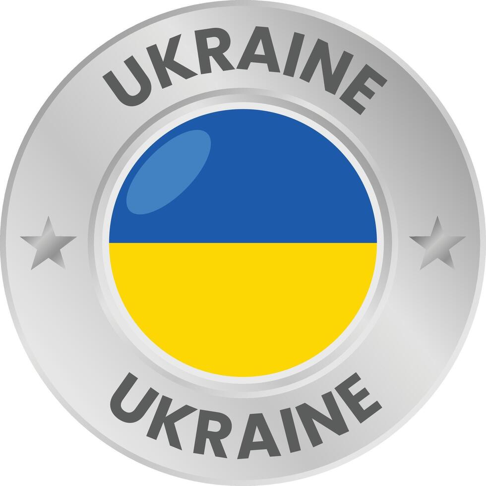 Ukraine flag in silver colored medal. National flag in metal circle emblem. vector