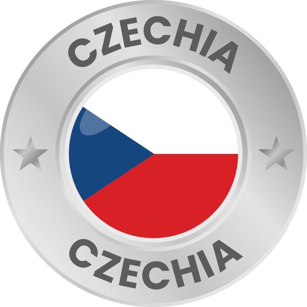 Czech flag in silver colored medal. National flag in metal circle emblem. vector