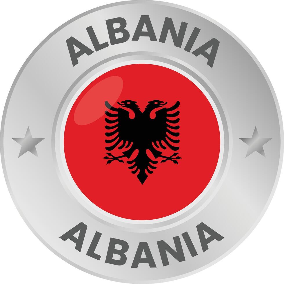 Albania flag in silver colored medal. National flag in metal circle emblem. vector
