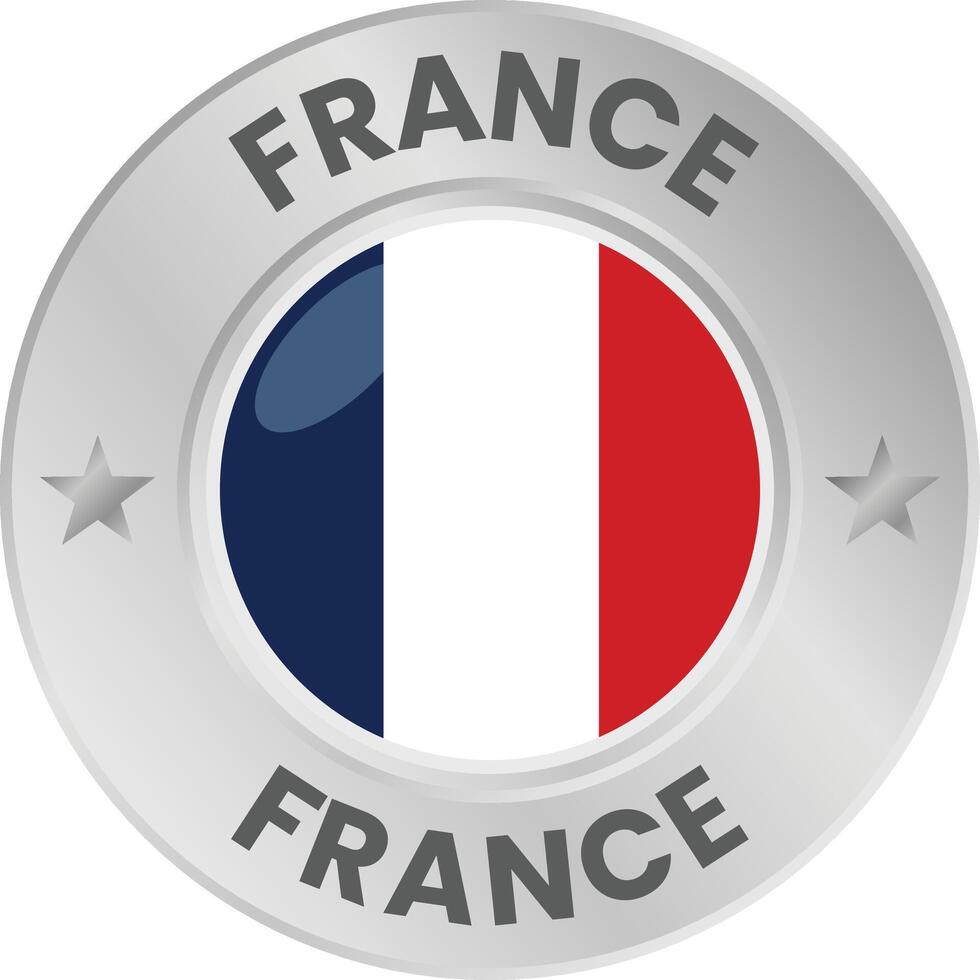France flag in silver colored medal. National flag in metal circle emblem. vector