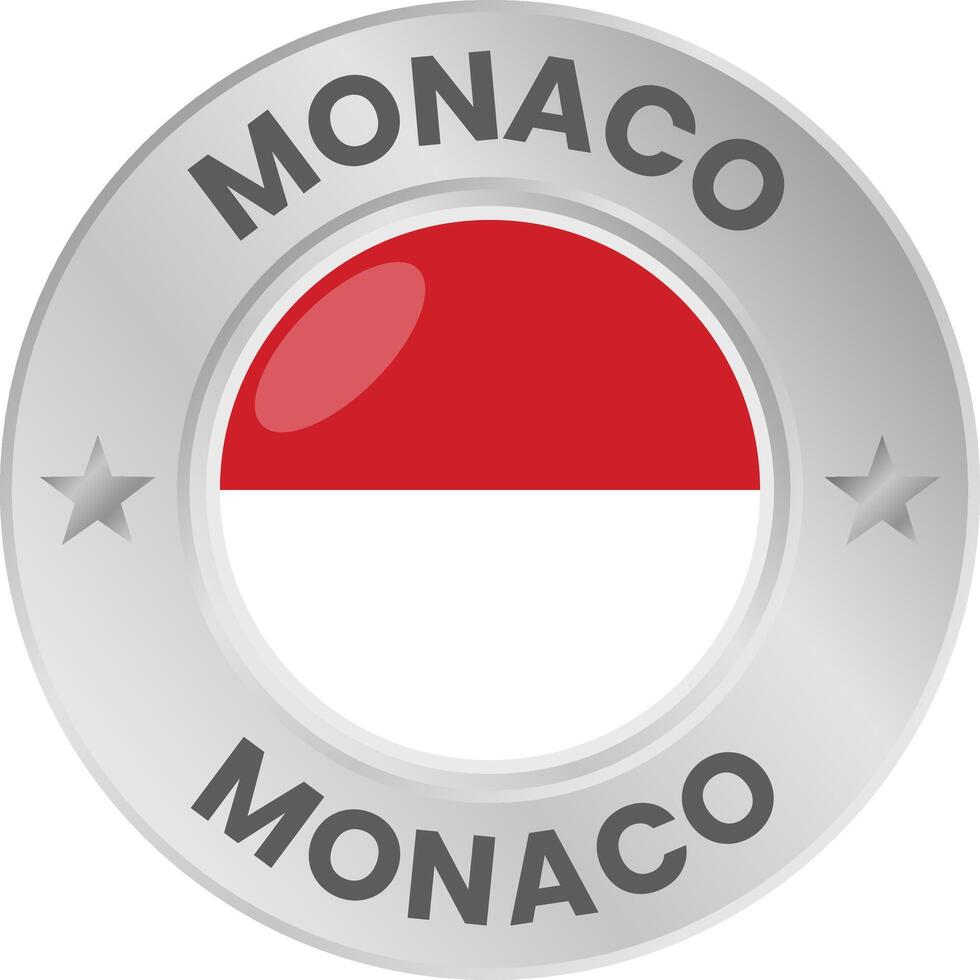 Monaco flag in silver colored medal. National flag in metal circle emblem. vector