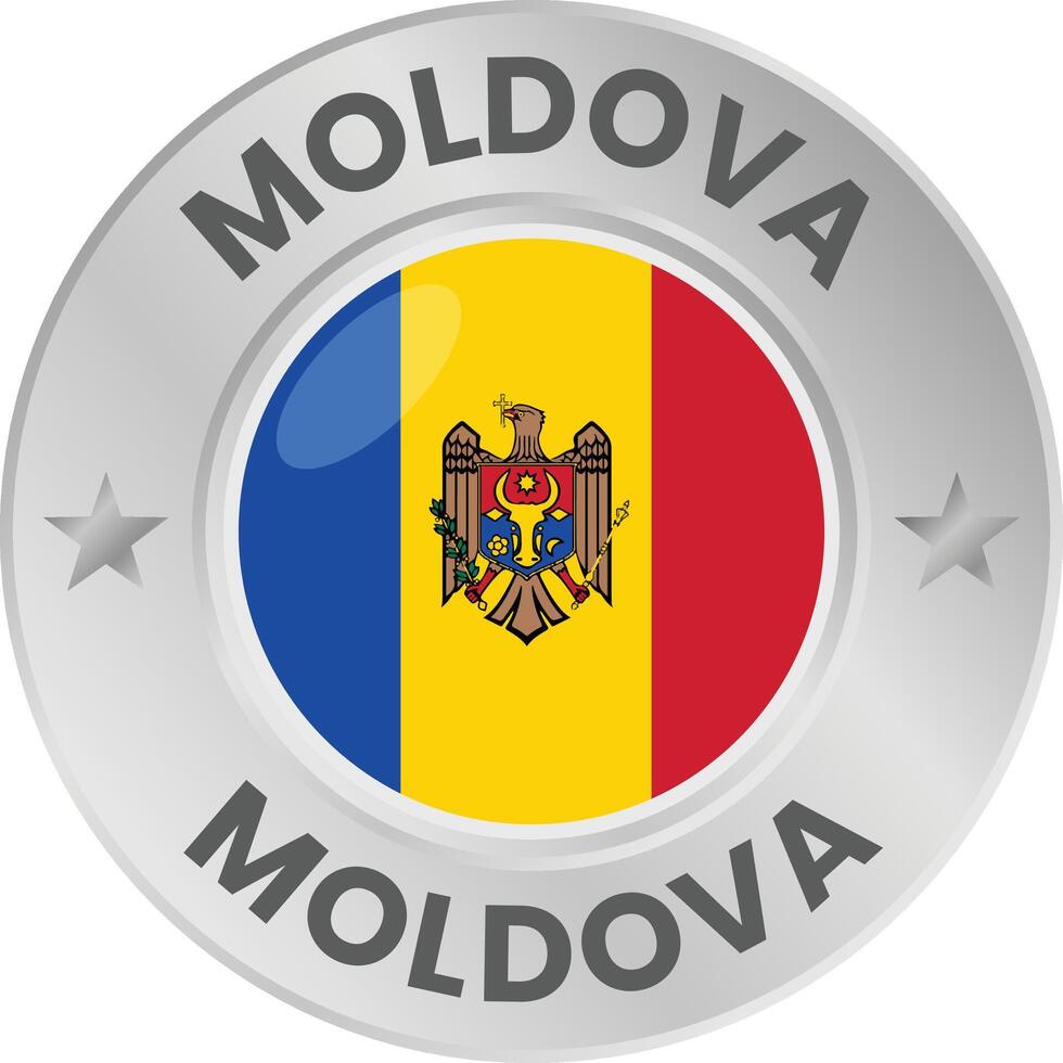 Moldova flag in silver colored medal. National flag in metal circle emblem. vector