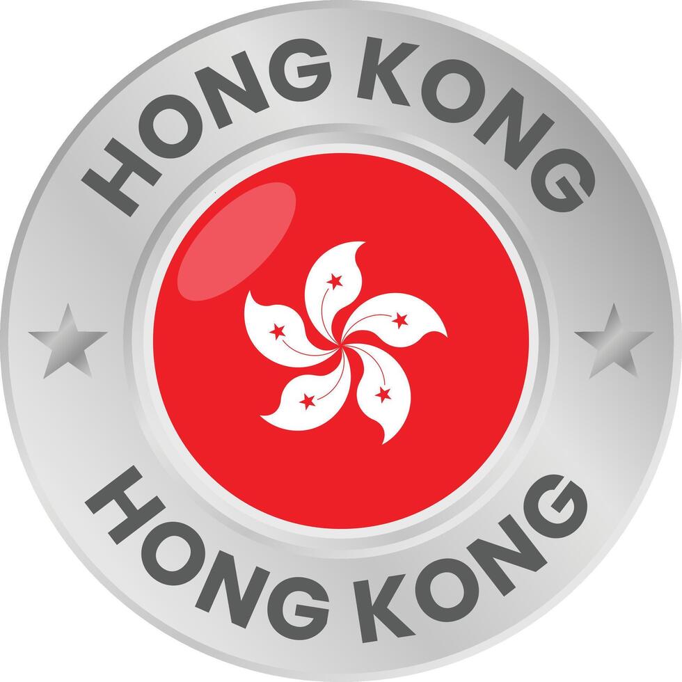 Hong Kong flag in silver colored medal. National flag in metal circle emblem. vector