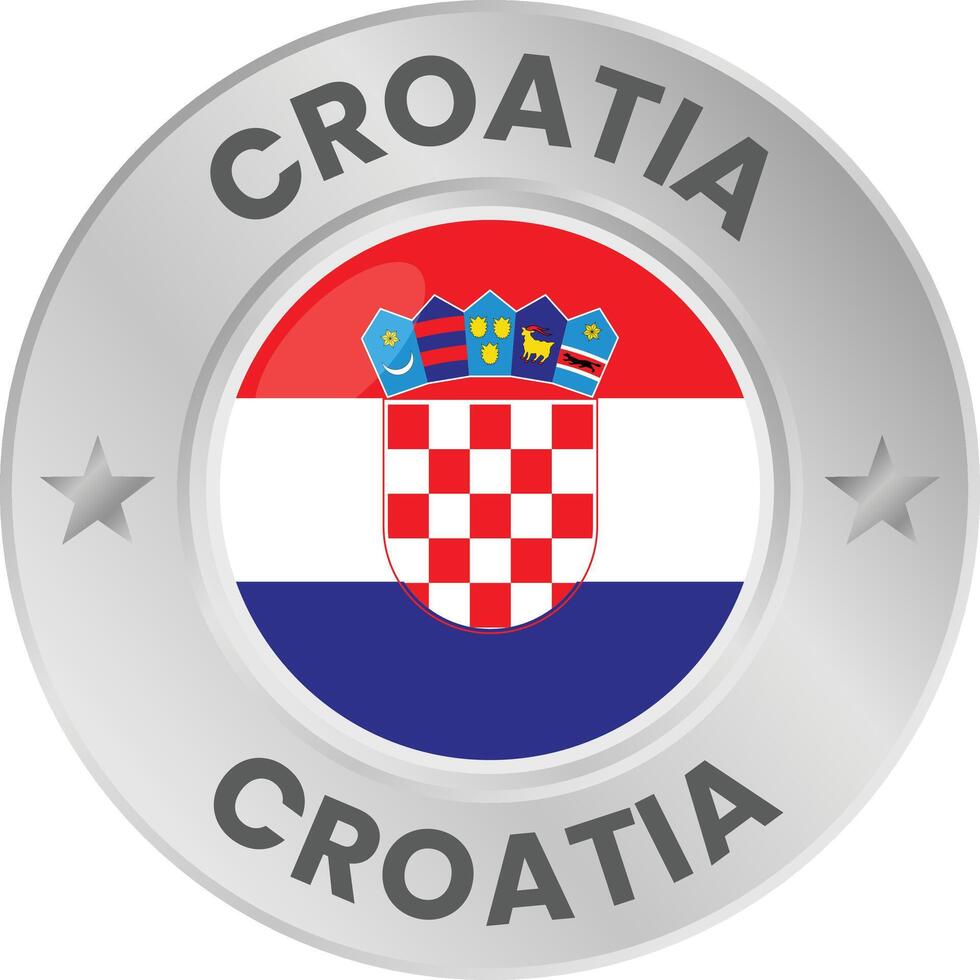Croatia flag in silver colored medal. National flag in metal circle emblem. vector