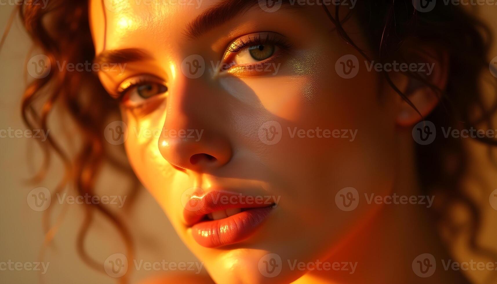 Golden Hour Portrait Womans Face Warm Light CloseUp photo