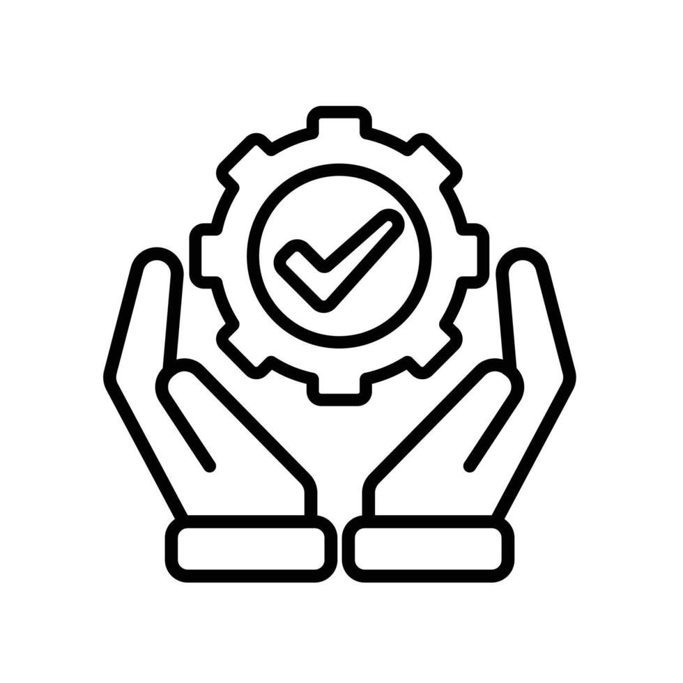 ai icon. AI Personal Assistant in two hand. Task automation. Gear moving with automatic checklist. UI, education. Outline design style vector