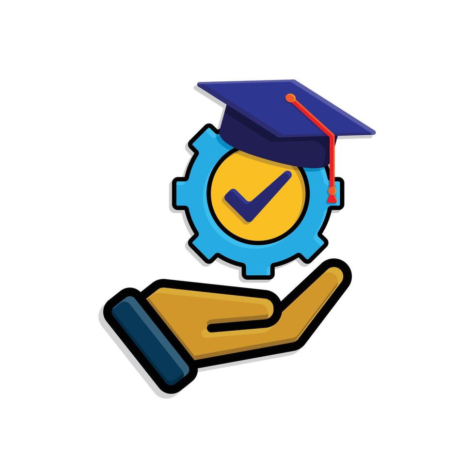 education icon. engineering learning in hand. graduation cap on gear with check mark. smart, student, learning. isometric design style vector