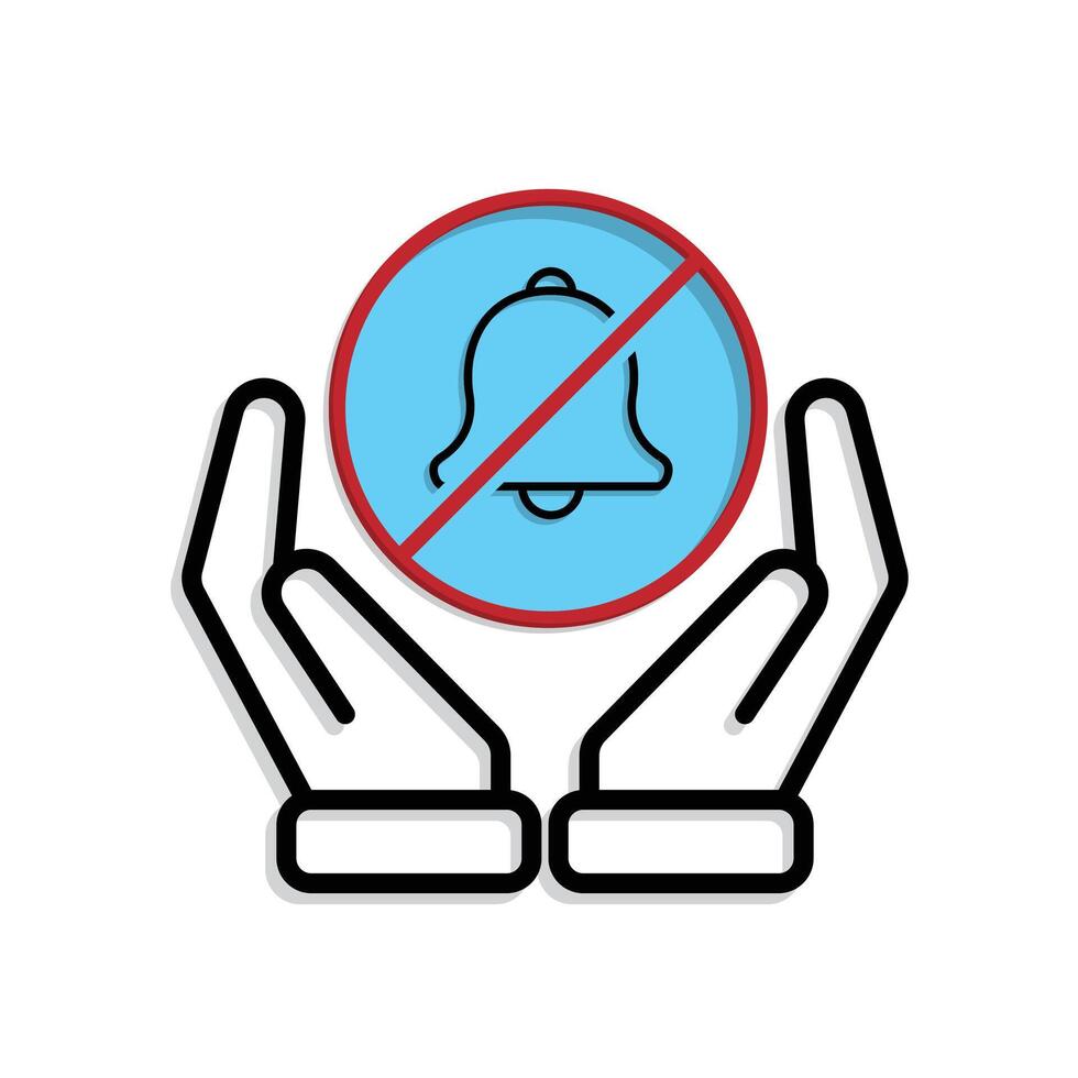 Mindfulness icon. no notification in two hand. bell in crossed circle. mental health, lifestyles, meditating. Mixed design style vector