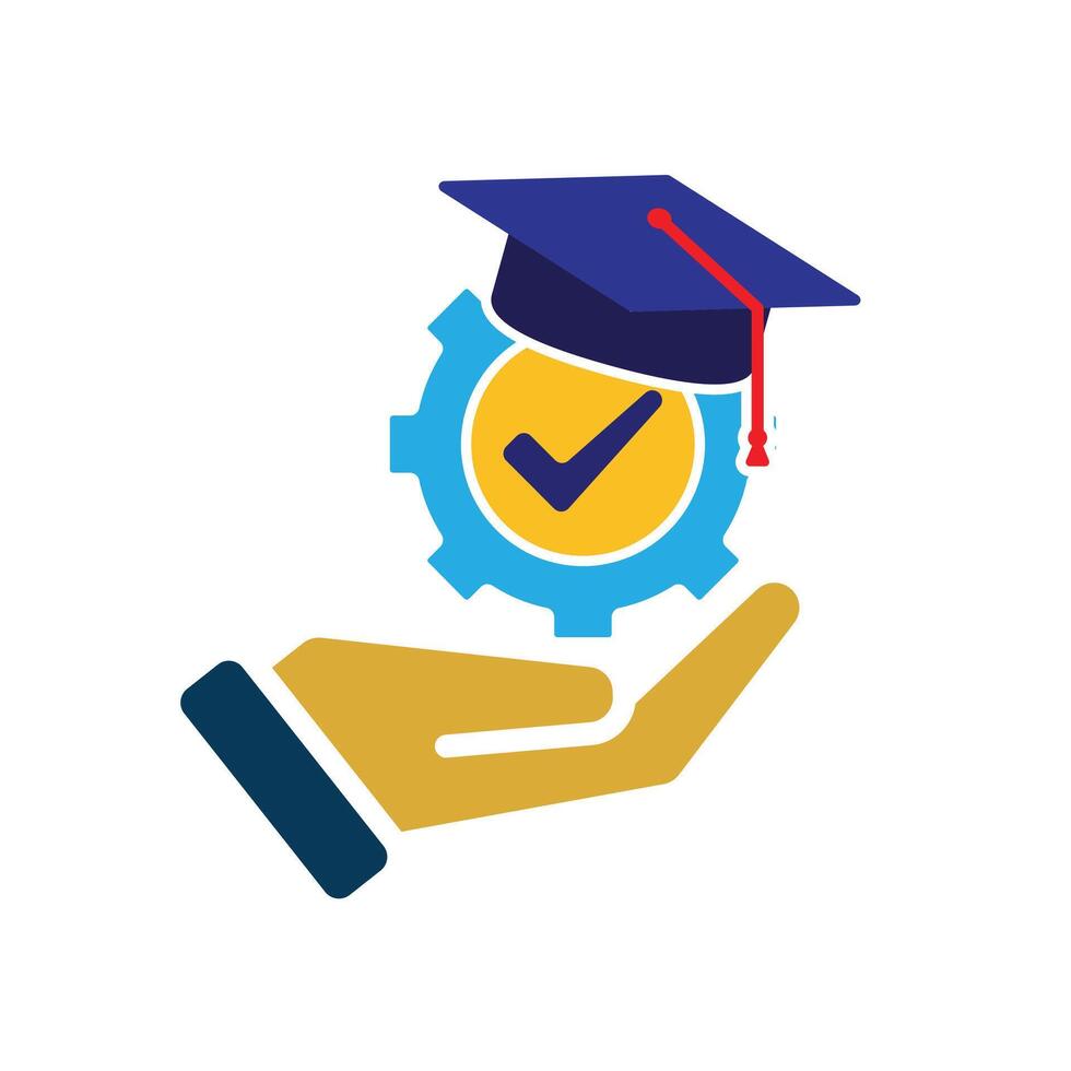 education icon. engineering learning in hand. graduation cap on gear with check mark. smart, student, learning. Flat design style vector