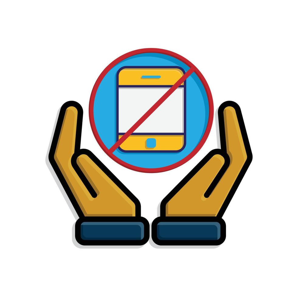 Mindfulness icon. no phone zone in two hand. handphone in crossed circle. mental health, calmness, exercise. isometric design style vector