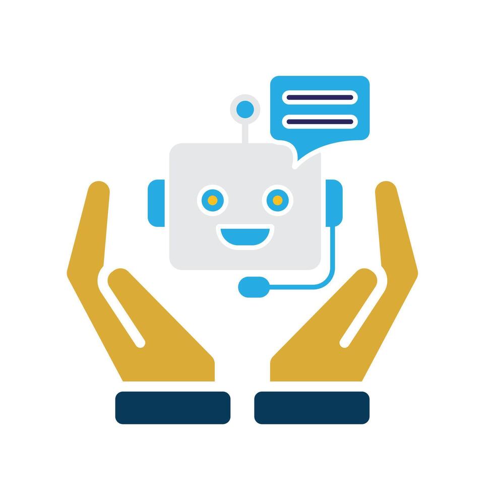 ai icono. ai personal asistente en dos mano. voz asistente. micrófono con larva del moscardón rostro. ui, educación. plano diseño estilo vector