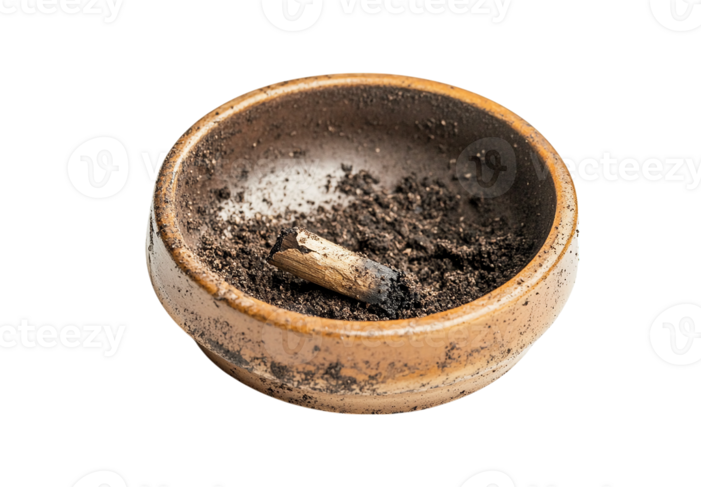 Close-up of a Dirty Ashtray with a Partially Smoked Cigarette, Evoking a Gloomy and Worn Atmosphere png