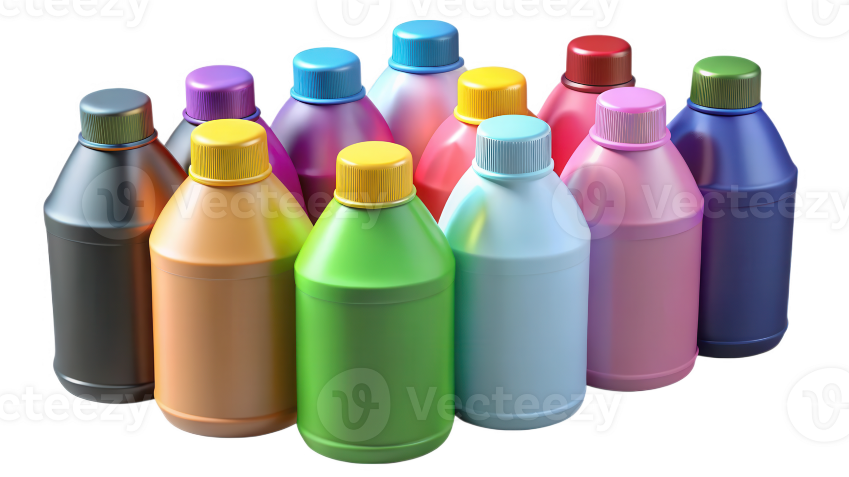 Vibrant Collection of Colorful Plastic Bottles Arranged in a Playful Composition Against a Transparent Background png