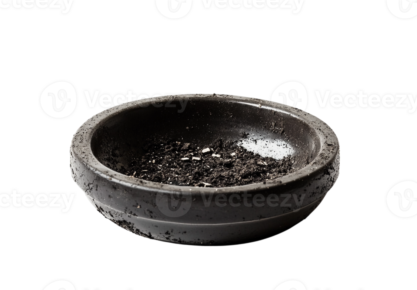 Dark, Moody Close-up of a Rustic Stone Bowl Filled with Dark Soil, Isolated on a Transparent Background png