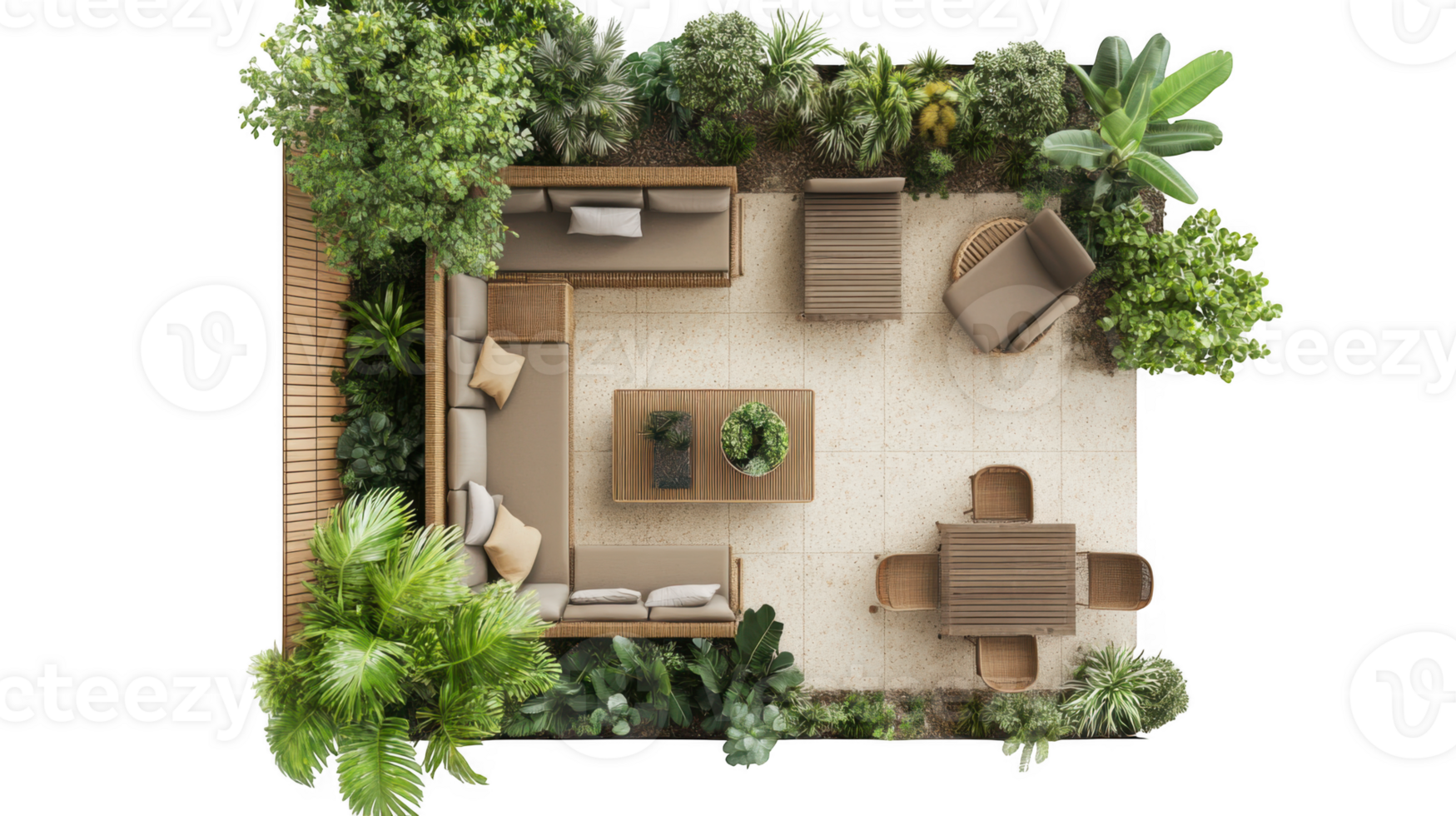 Serene Rooftop Patio Design Overhead View of Tranquil Outdoor Oasis with Lush Greenery and Modern Furniture png