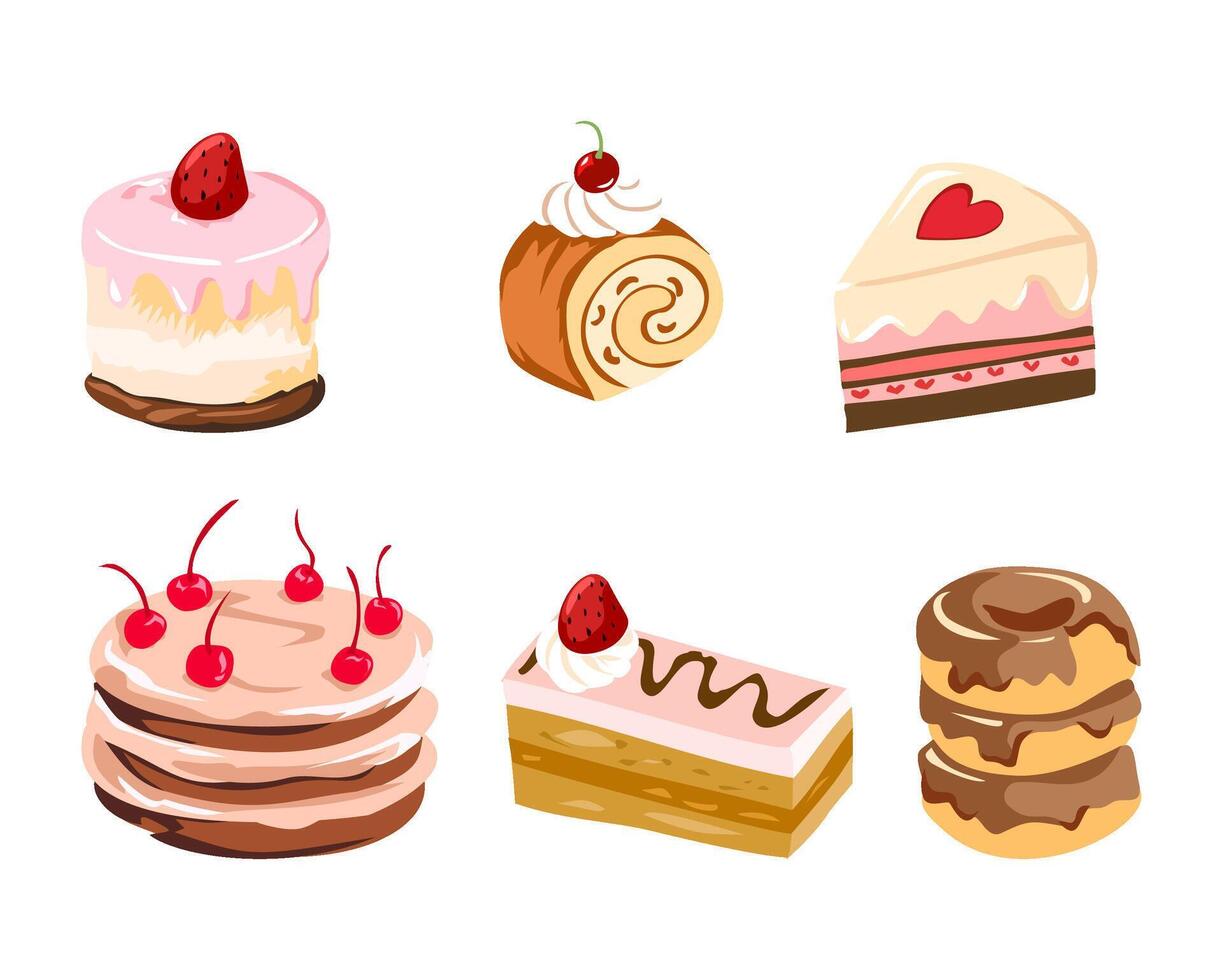 Collection of colorful cakes and desserts vector