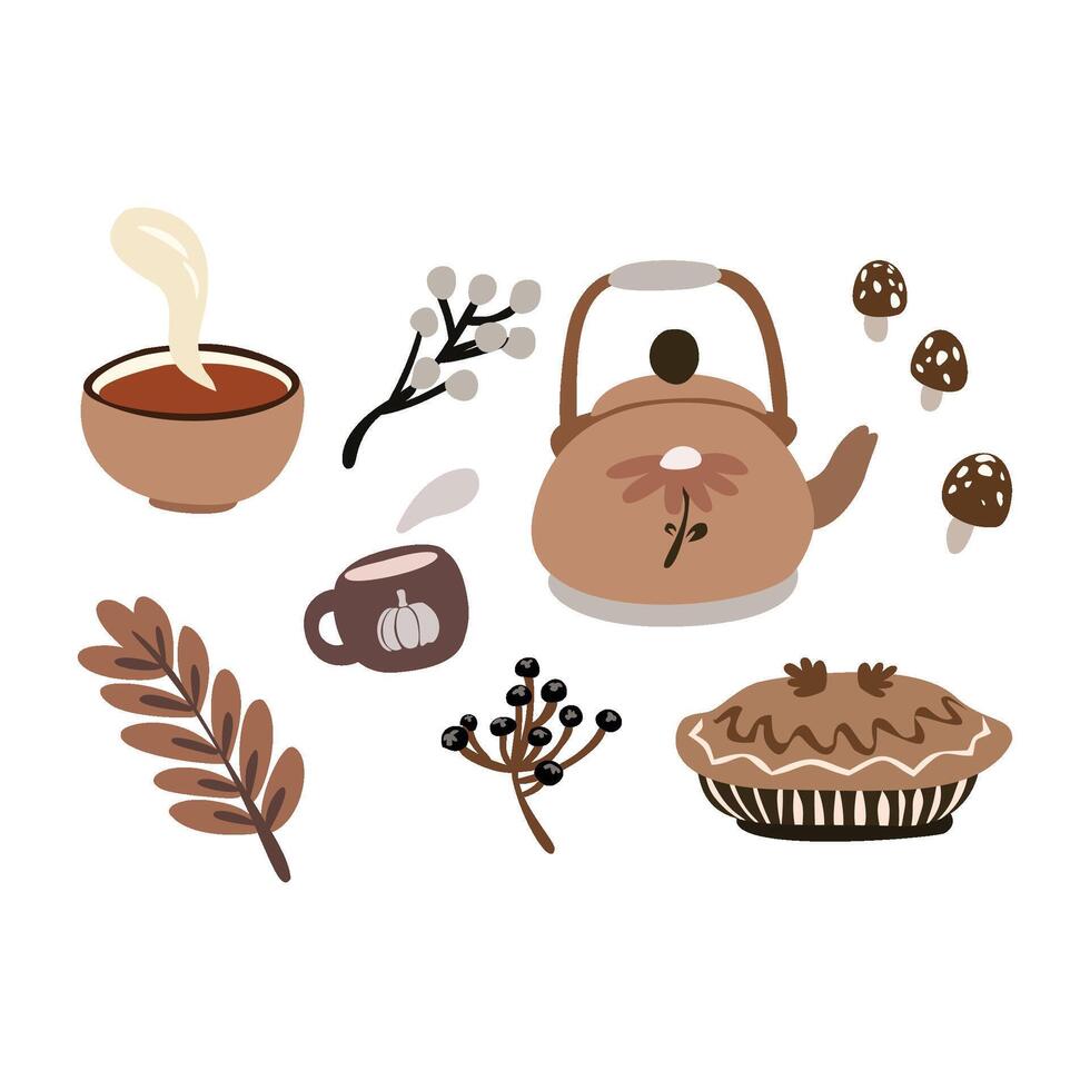 Autumn themed tea and pie illustrations vector