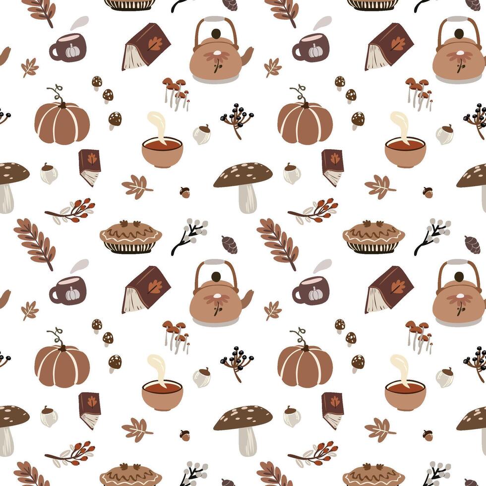 Autumn pattern with teapots and pumpkins vector