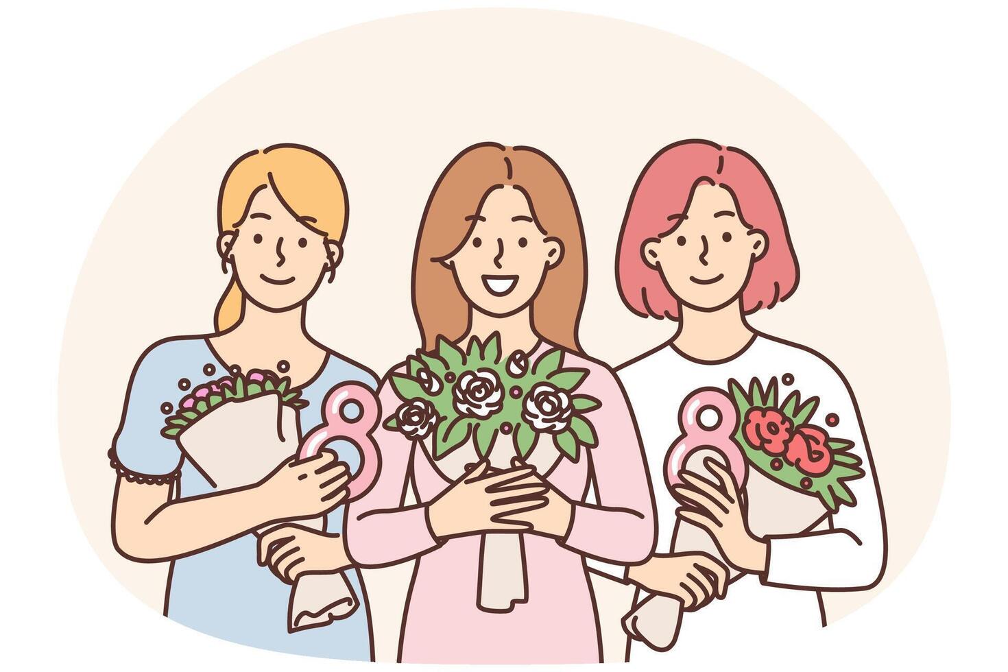 Three women with flower bouquets vector