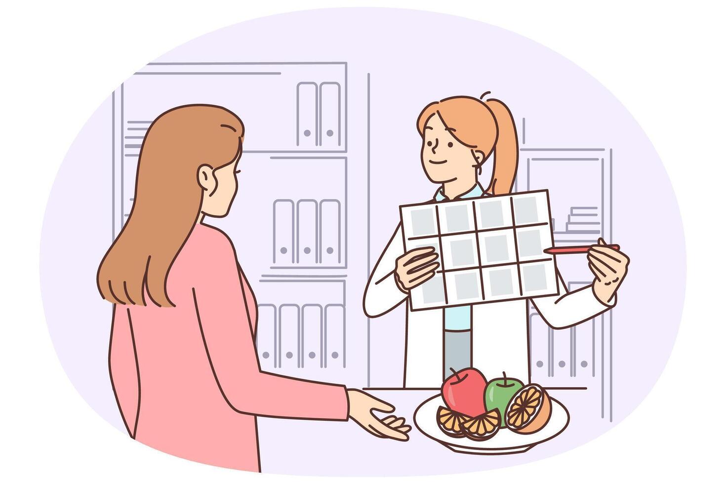 Dietitian showing food chart to client vector
