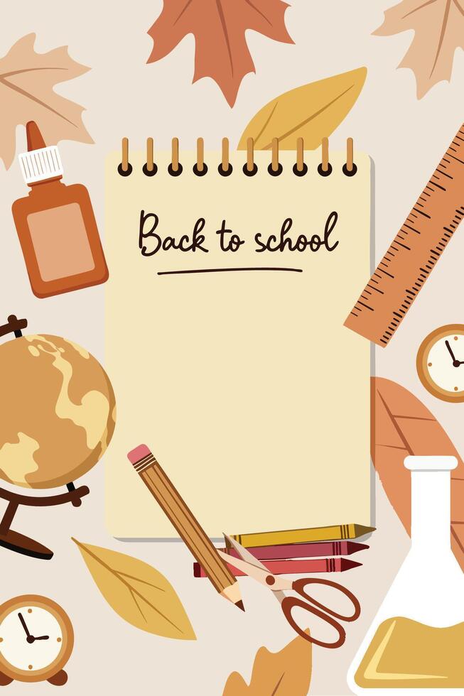 Creative back to school stationery and supplies arranged on a tabletop with autumn leaves and a globe vector