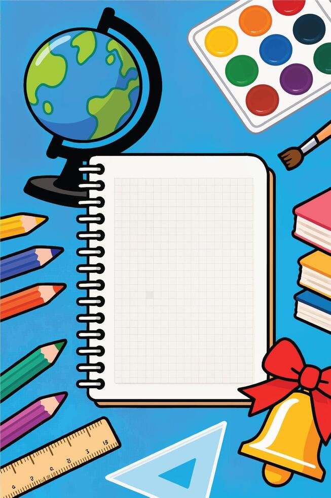 School supplies surround a blank notebook and globe on a vibrant blue background ready for the new academic year vector