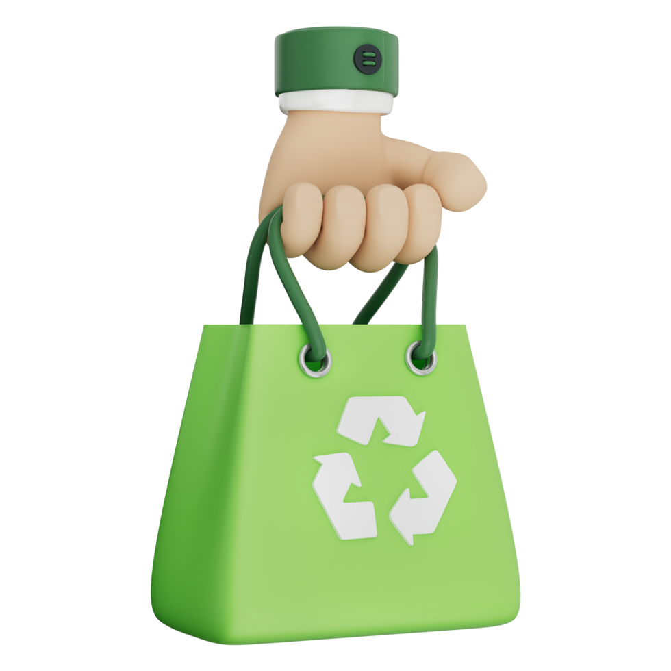 Hand holding green eco bag 3d illustration with recycle symbol for sustainable product png