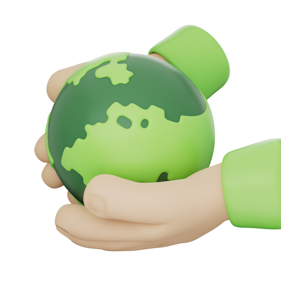 Cartoon hand holding green earth symbolizing eco care, global unity, nature protection, climate hope, clean planet, sustainability, love, peace, forest balance, earthday message, environmental concept png