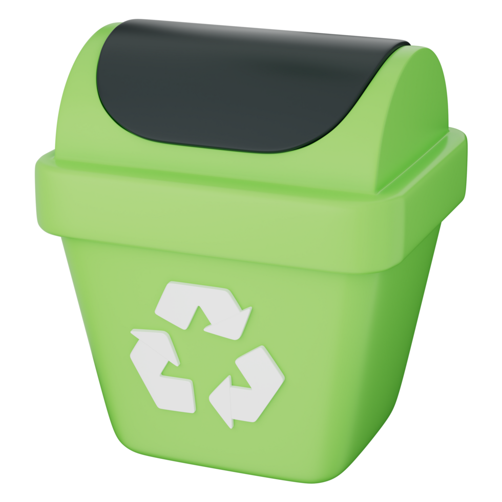Green recycle bin with lid and white symbol, eco trash container for waste management png