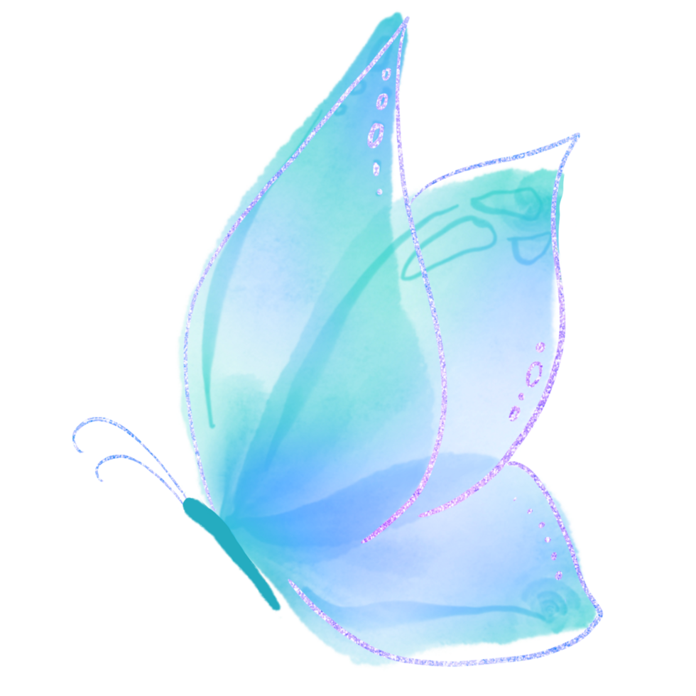 Blue and green watercolor butterfly with a glittery purple outline, Butterflies png