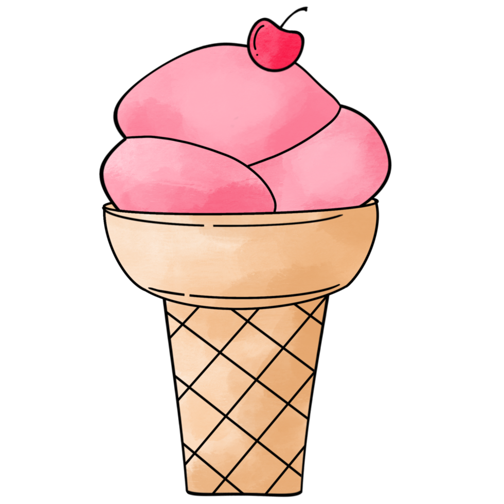 Pink ice cream cone with a cherry on top, Clipart png