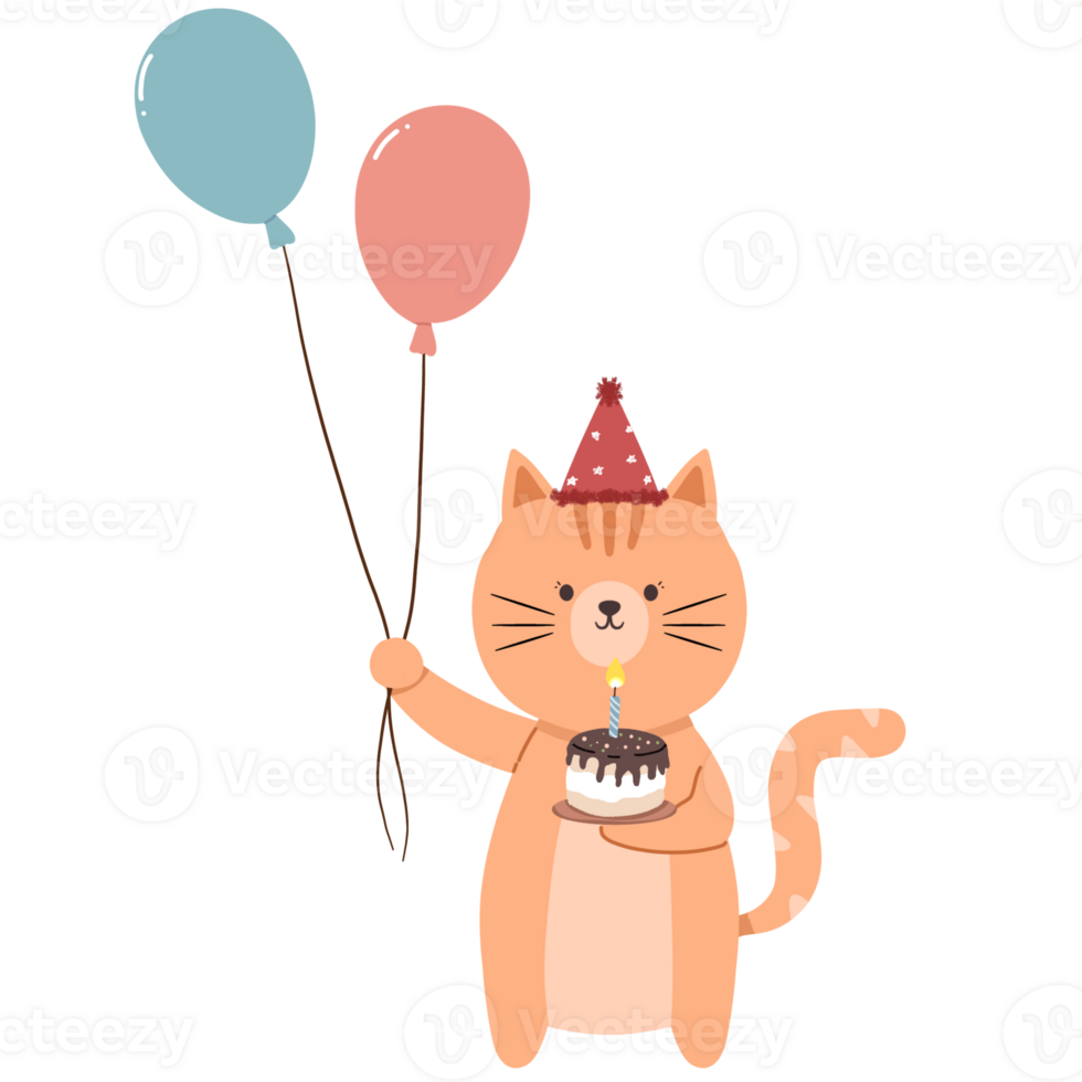 cute cat illustration carrying balloons and birthday cake png