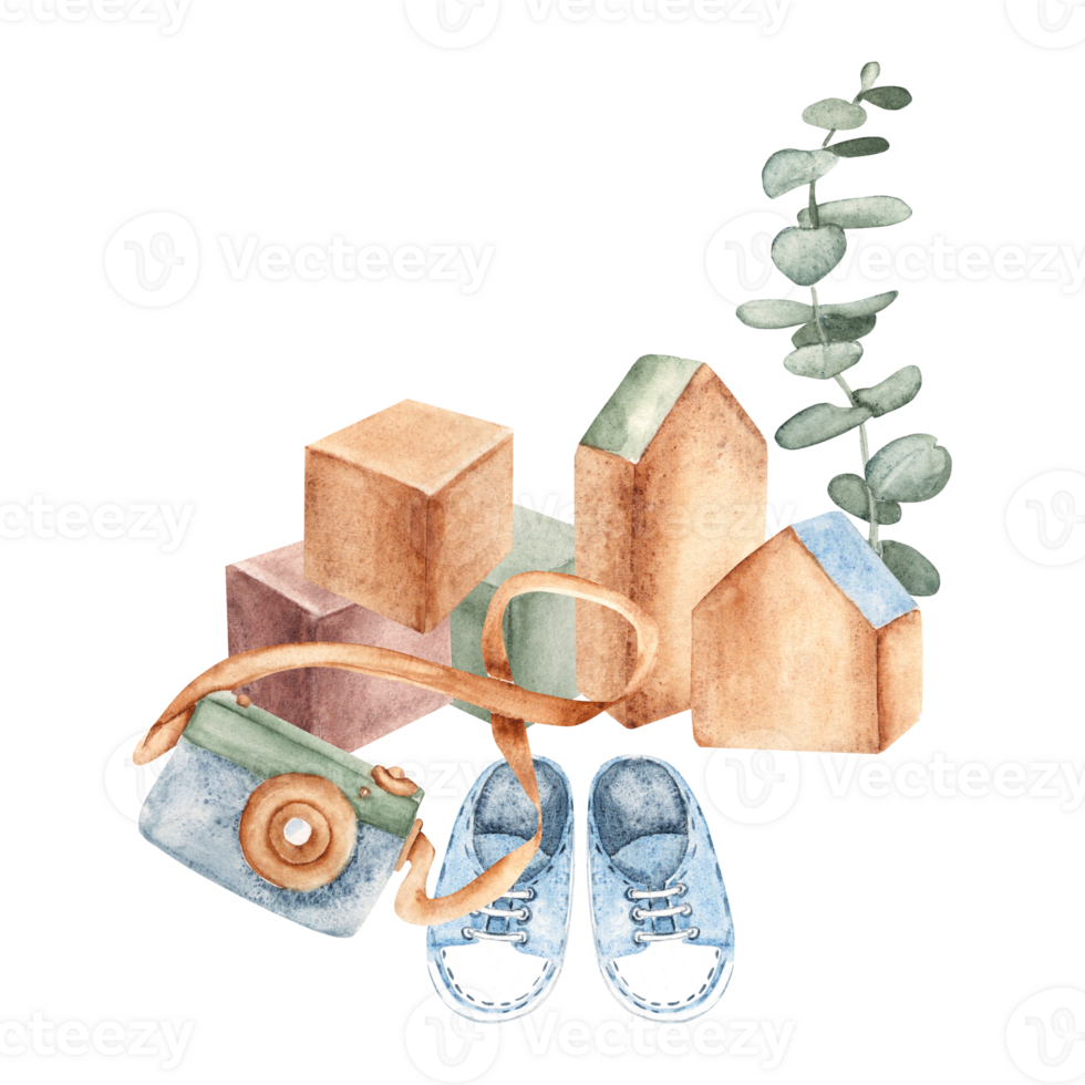 Eco Baby composition. Wooden toys, cubes and camera, baby sneakers and eucalyptus branches. Watercolor hand drawn kid illustration. For baby shower or welcome baby party png