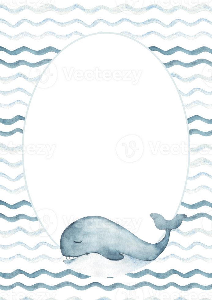 Watercolor oval frame with cute smiling blue Whale swimming on sea, ocean waves. Circular marine card template in retro style. Hand drawn illustration. Perfect for cards, posters, party invitations or png
