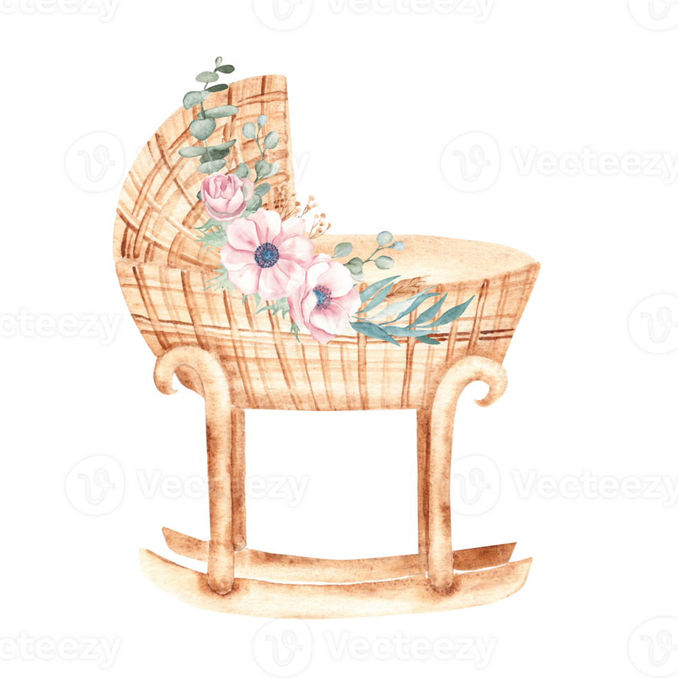 Watercolor illustration of Baby Girl cradle from rattan decorated with anemone bouquet. Hand drawn Crib illustration in retro style. For newborn greeting or birthday cards, baby shower invitations png
