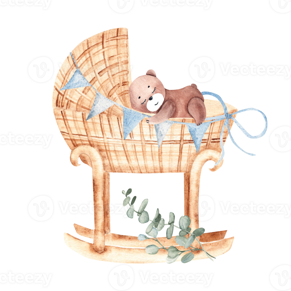Watercolor illustration of Baby Boy cradle from rattan decorated with eucalyptus branches with plush Teddy Bear Toy. Hand drawn Crib in retro style. For newborn greeting or birthday cards, baby shower png