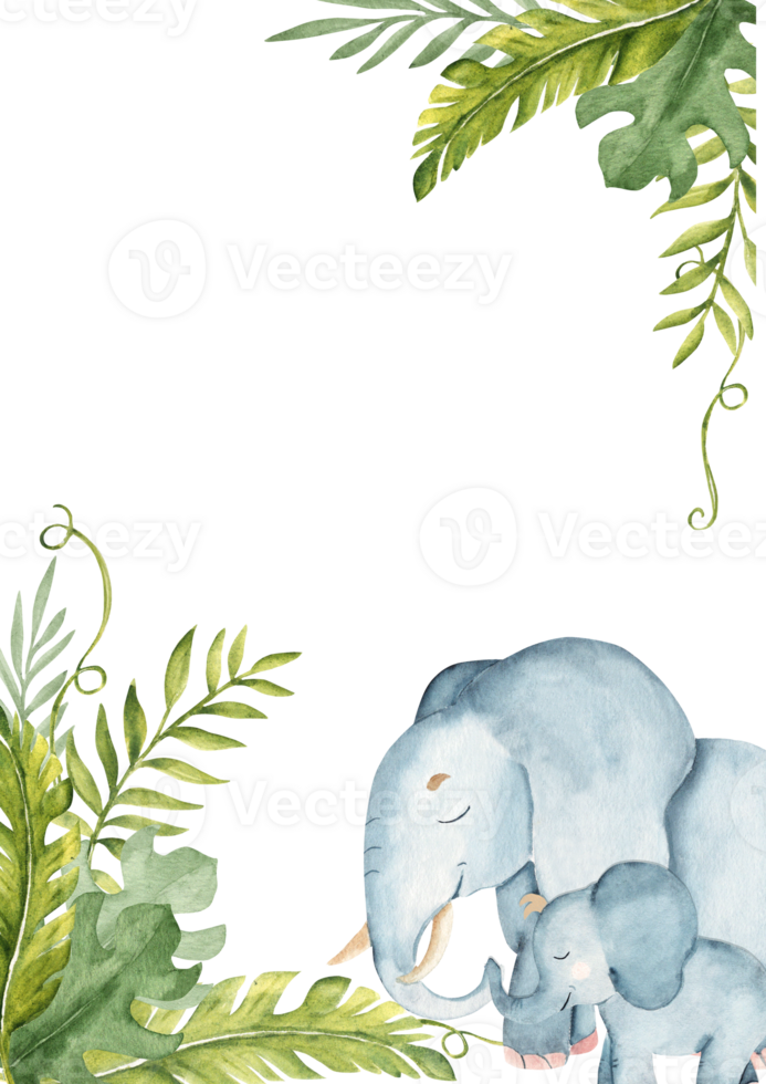 Cute Elephant family in Tropical Leaves. Vertical watercolor square Frame, card template. Safari animals hand drawn illustration. For kid cards and invitations, posters, Fathers Day, Mothers Day png