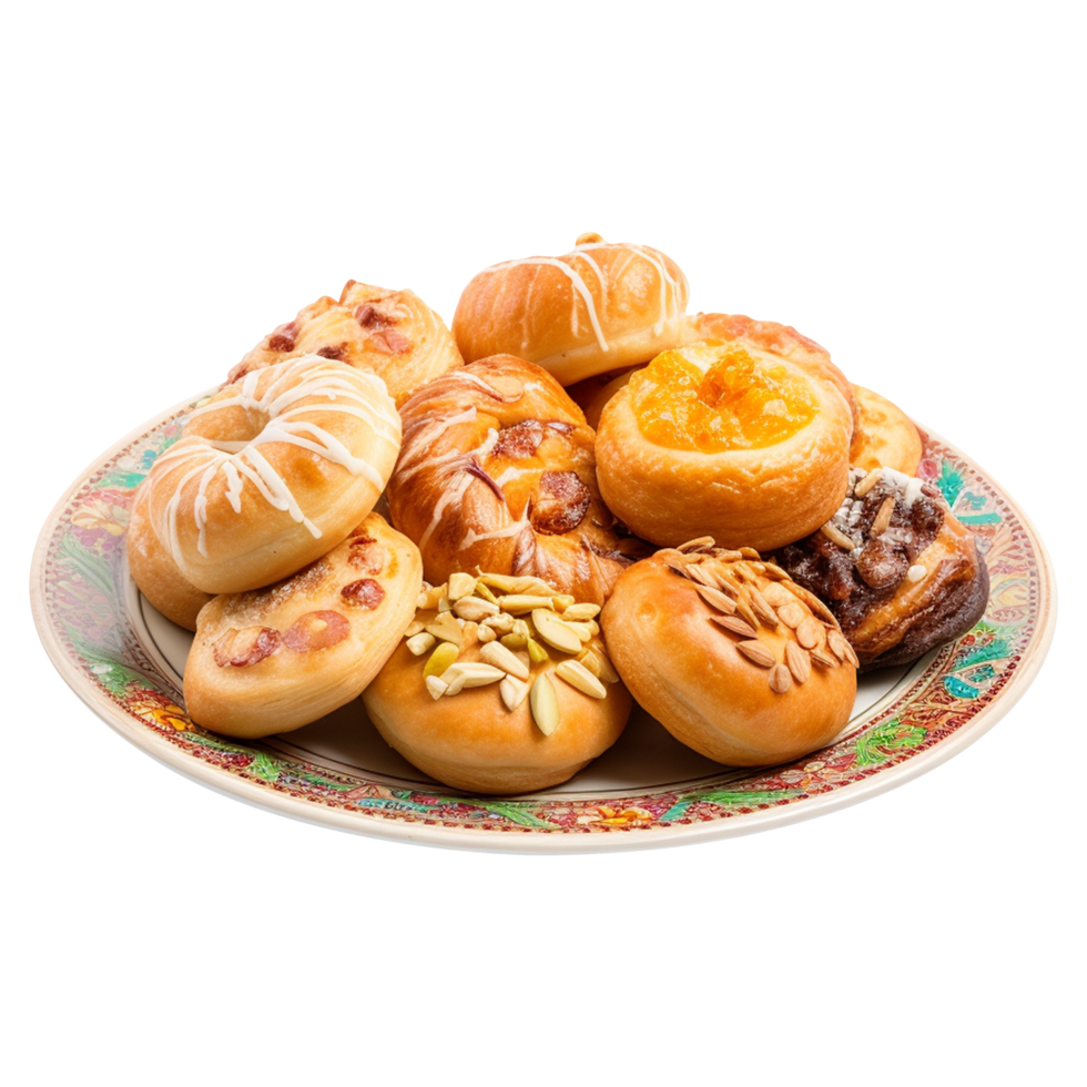 Crispy and flaky uzbek pastries presented on white ceramic plate on transparent background png