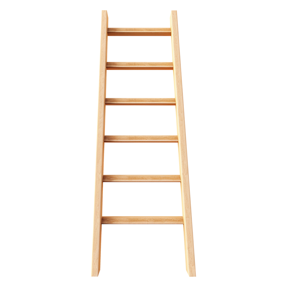 Classic wooden ladder standing upright with realistic shadow and transparent background for clean layouts png
