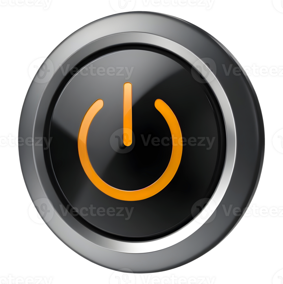 A close-up shows a power button with an orange symbol on a black center png