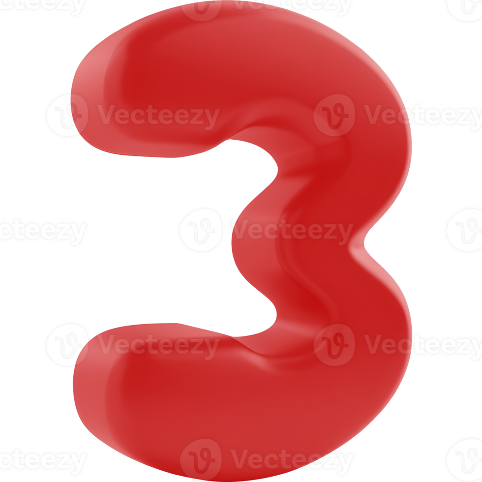 A shiny red number three floats in a transparent background. png