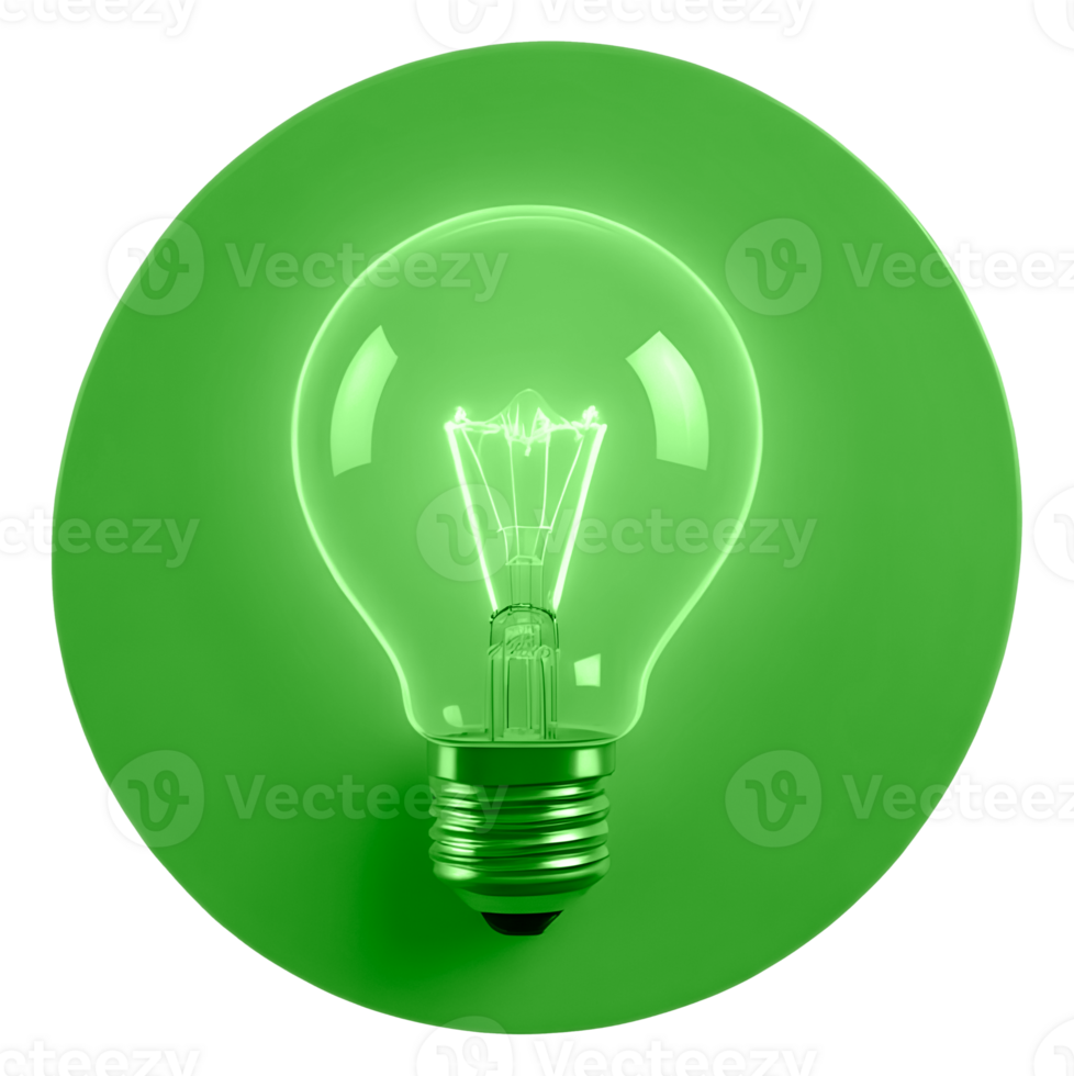 A glowing green lightbulb sits against a matching green circle. png