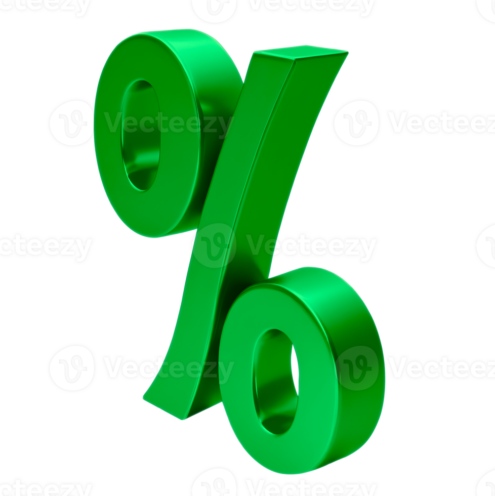 A 3D green percentage symbol stands out against a transparent background. png