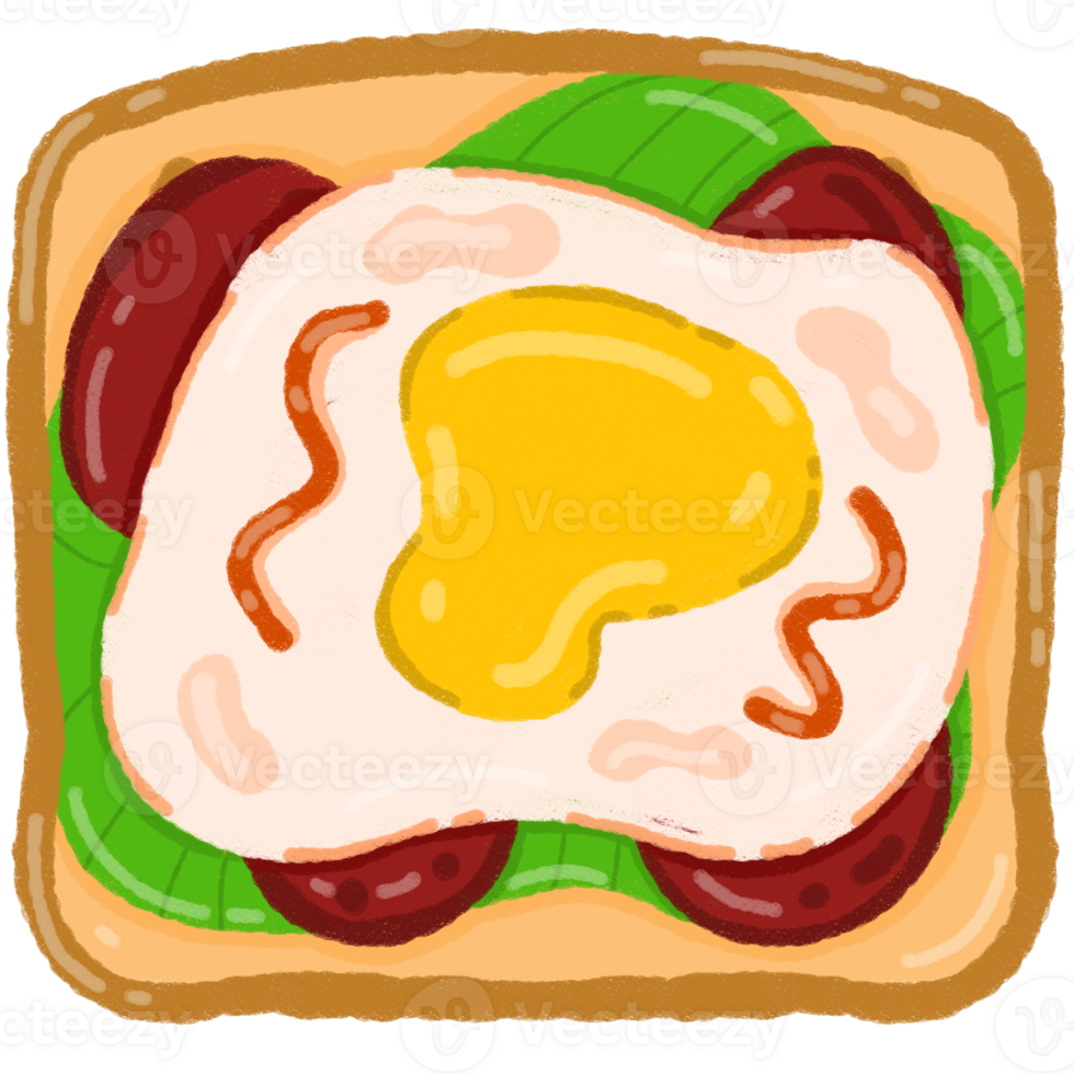 Cute Doodle Toast with Fried Egg and Lettuce Kawaii Breakfast Clipart png