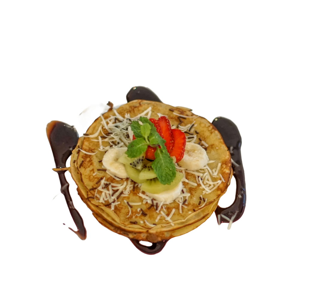 Pancake with fresh banana and strawberry on top of it png